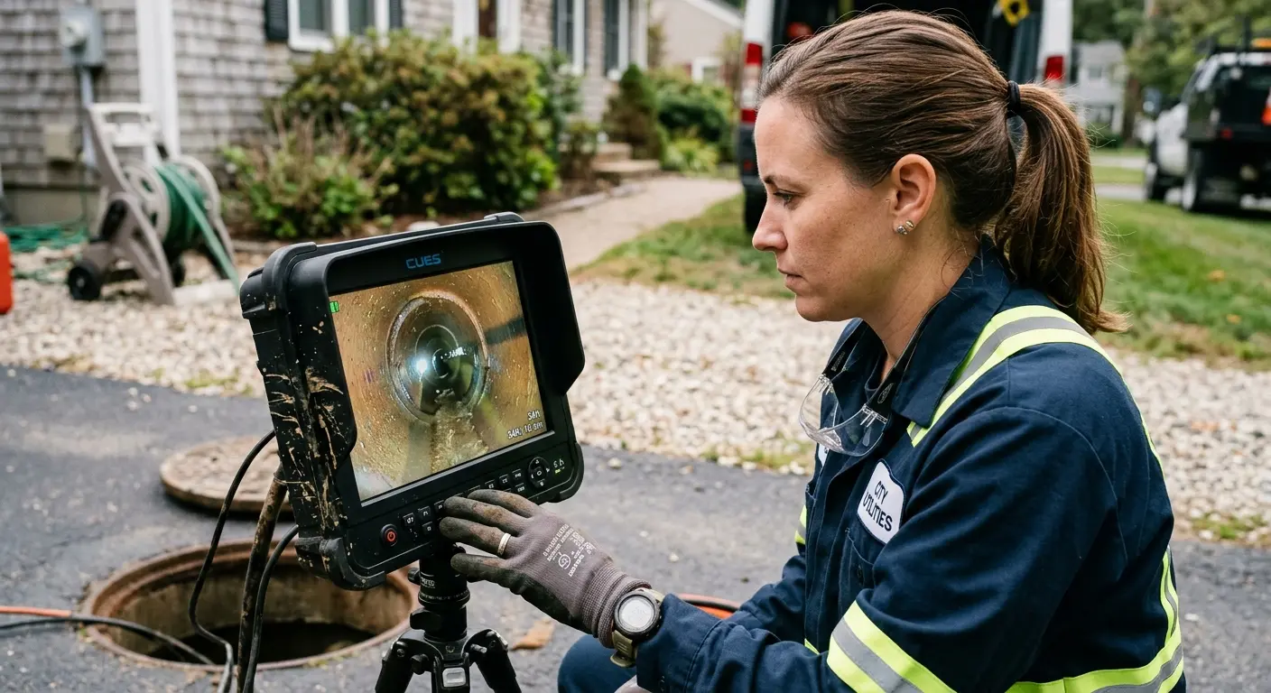 Technician reviewing sewer camera inspection footage in Lakewood Ranch